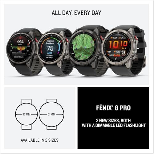 Garmin f nix  8 Pro  47mm  AMOLED Display  Premium Connected Multisport GPS Smartwatch  inReach  Technology  Sapphire  Carbon Gray DLC Titanium with Black/Pebble Gray Silicone Band