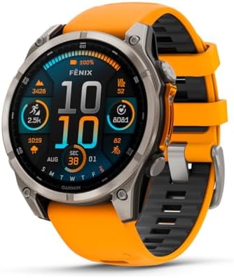 Garmin f nix  8   47 mm  AMOLED  Sapphire  Premium Multisport GPS Smartwatch  Long Lasting Battery Life  Dive Rated  Built in LED Flashlight  Titanium with Spark Orange/Graphite Band