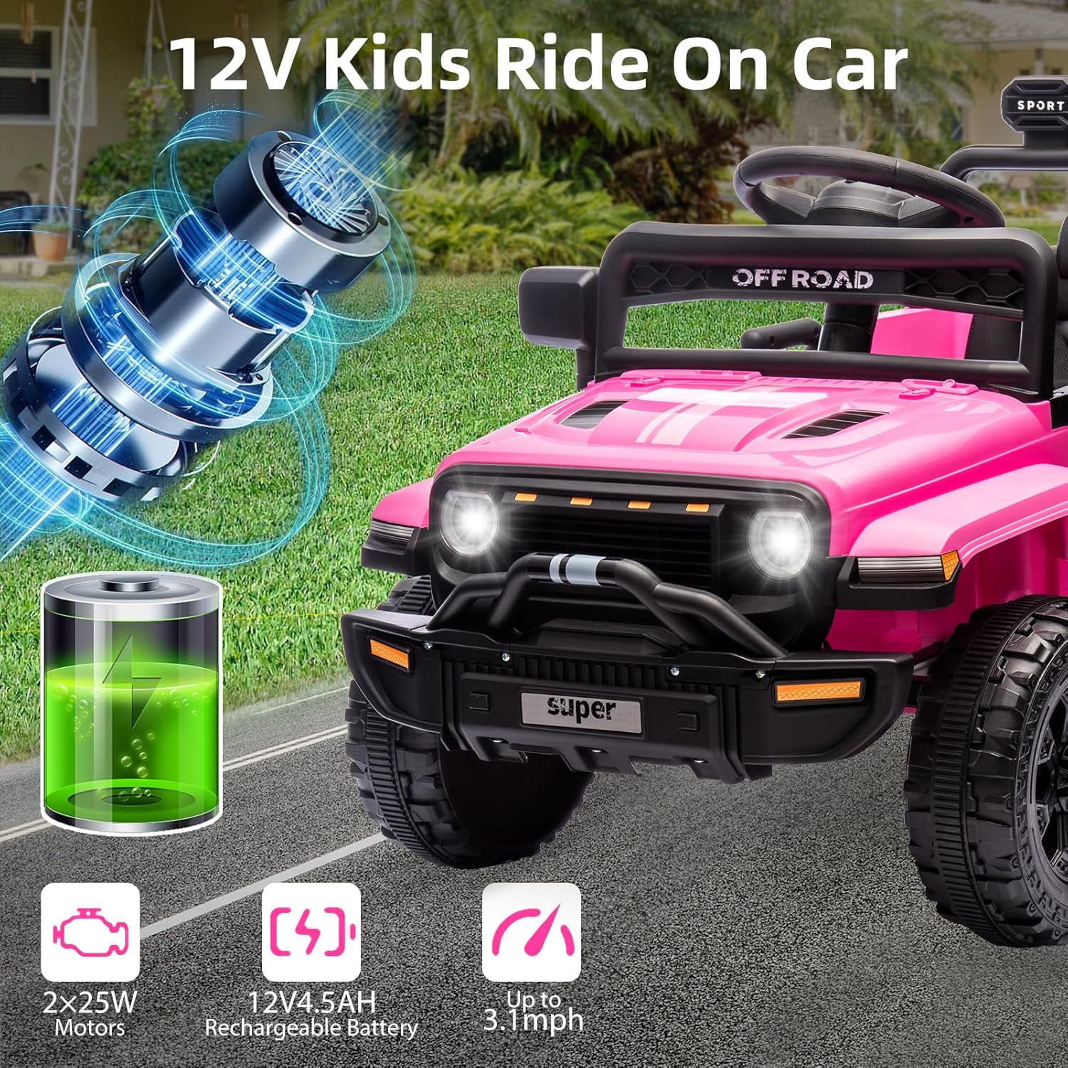 Garvee 12V Ride On Truck Car for Kids   Electric Vehicle with Parent Remote Control  Music Steering Wheel  LED Lights & 4 Wheel Spring Suspension   Perfect for Ages 2 5 Pin
