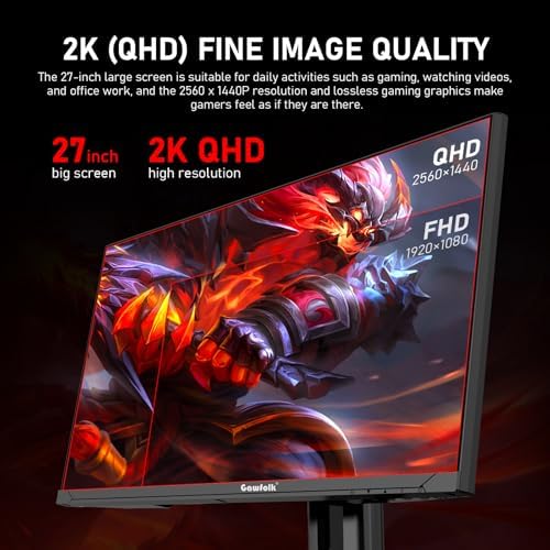 Gawfolk 27 inch 2K QHD 2560 1440  PC Screen  180Hz Gaming Monitor  1ms Without Bezel  FreeSync 100  sRGB  178  Wide Viewing Angle  HDMI2 0 DisplayPort  75   75MM Wall Mount Compatible   Black