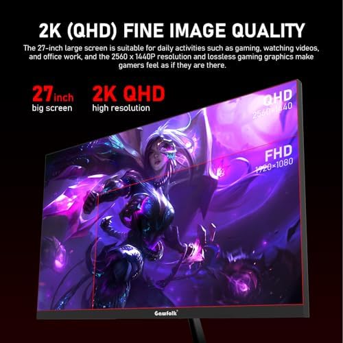 Gawfolk 27 inch 2K QHD 2560 1440  PC Screen  165Hz Gaming Monitor  1ms Without Bezel  FreeSync 98  sRGB  178  Wide Viewing Angle Display 1 4 Port HDMI2 0  Wall Mount Compatible 75   75MM  Black