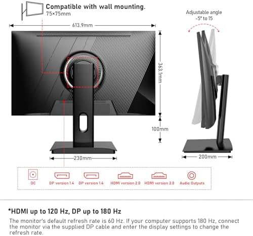 Gawfolk 27 inch 2K QHD 2560 1440  PC Screen  180Hz Gaming Monitor  1ms Without Bezel  FreeSync 100  sRGB  178  Wide Viewing Angle  HDMI2 0 DisplayPort  75   75MM Wall Mount Compatible   Black