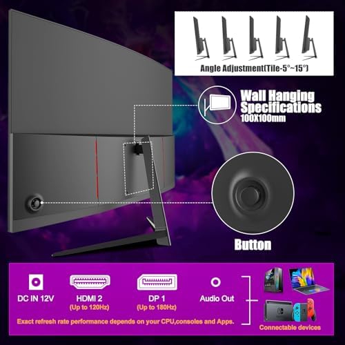 Gawfolk 27 inch Curved Gaming Monitor 144Hz/180Hz PC Monitor Full HD 1080P  Frameless 1800R Computer Display with FreeSync & Eye Care Technology  Wall Mountable  DP  HDMI Port  Black 