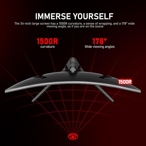 Gawfolk 34 Inch Ultrawide Curved 180Hz Gaming Computer Monitor 1500R PC Screen 21 9 UWQHD  3440x1440  128  sRGB Adaptive Sync 178  Viewing Angle Display Port HDMI Compatible with Wall mounting  Black