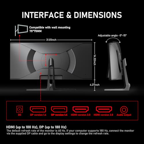 Gawfolk 34 Inch Ultrawide Curved 180Hz Gaming Computer Monitor 1500R PC Screen 21 9 UWQHD  3440x1440  128  sRGB Adaptive Sync 178  Viewing Angle Display Port HDMI Compatible with Wall mounting  Black