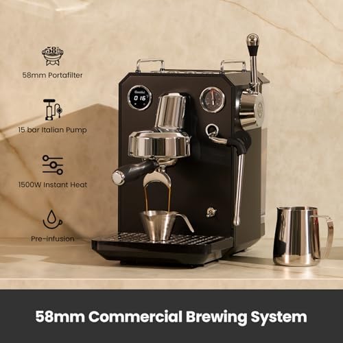 Gemilai Owl G3006 Home Espresso Machine  58mm Commercial Group Head & PID Temp Control  Stainless Steel Coffee Maker for Barista Quality Latte Art  Cappuccino Dual Data Display Black