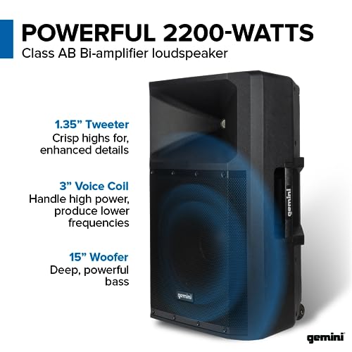 Gemini 15 Inch Powered PA Speaker   2200W Bluetooth PA Speaker with Mixer  XLR Inputs  Active DJ Speakers for Parties Events  GSP 2200 