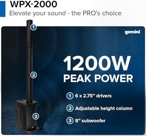 Gemini Powered Line Array PA System with Subwoofer   Column Array Speakers 1200W  Built in Mixer  Bluetooth Streaming  Adjustable Height Tower Speakers for DJ  Karaoke  Live Performance  WPX 2000 