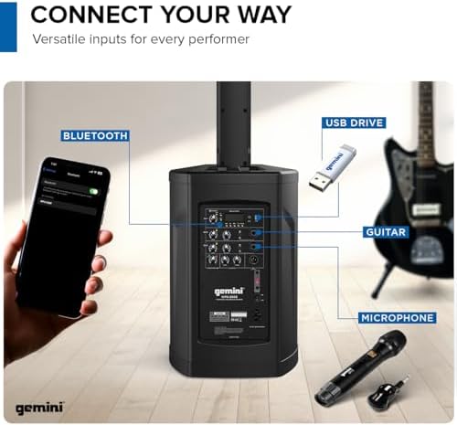 Gemini Powered Line Array PA System with Subwoofer   Column Array Speakers 1200W  Built in Mixer  Bluetooth Streaming  Adjustable Height Tower Speakers for DJ  Karaoke  Live Performance  WPX 2000 