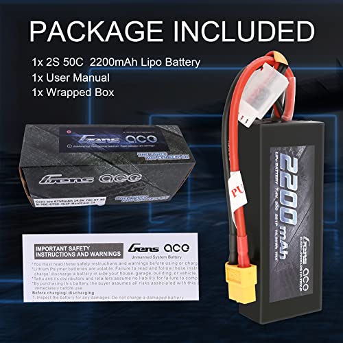 Gens ace Batería Lipo 2S 2200mAh 7.4V 50C LiPo Batería con XT60 (no soldada)