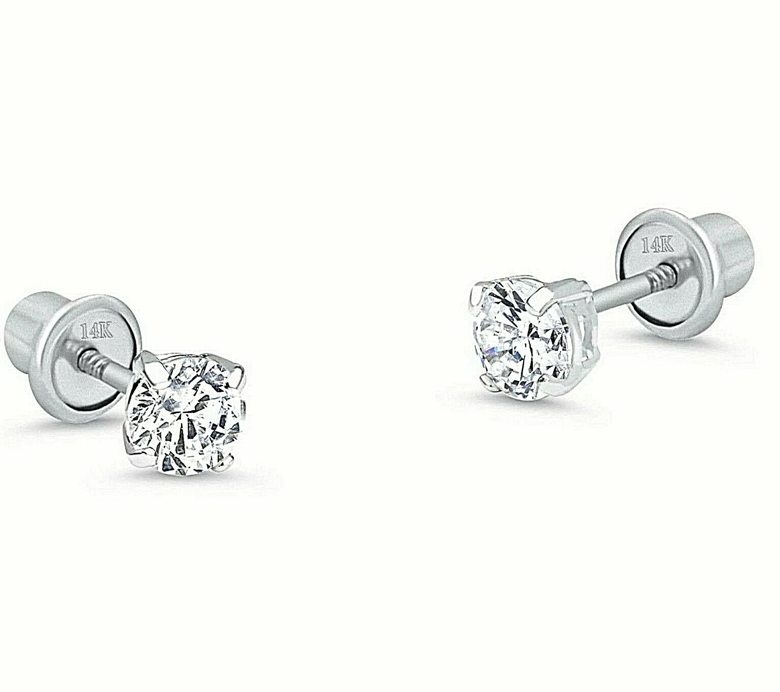 Genuine Natural Diamond Stud Screw Back Earrings in 14k Solid White Gold
