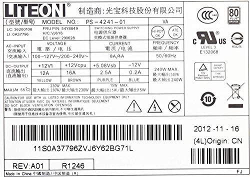Genuine PS 4241 01 LiteOn 240 Watt 14 Pin 4 Pin SFF Switching Power Supply Small Form Factor PSU 36200108 0A37796 54Y8849 VJ6Y6 EC 290628