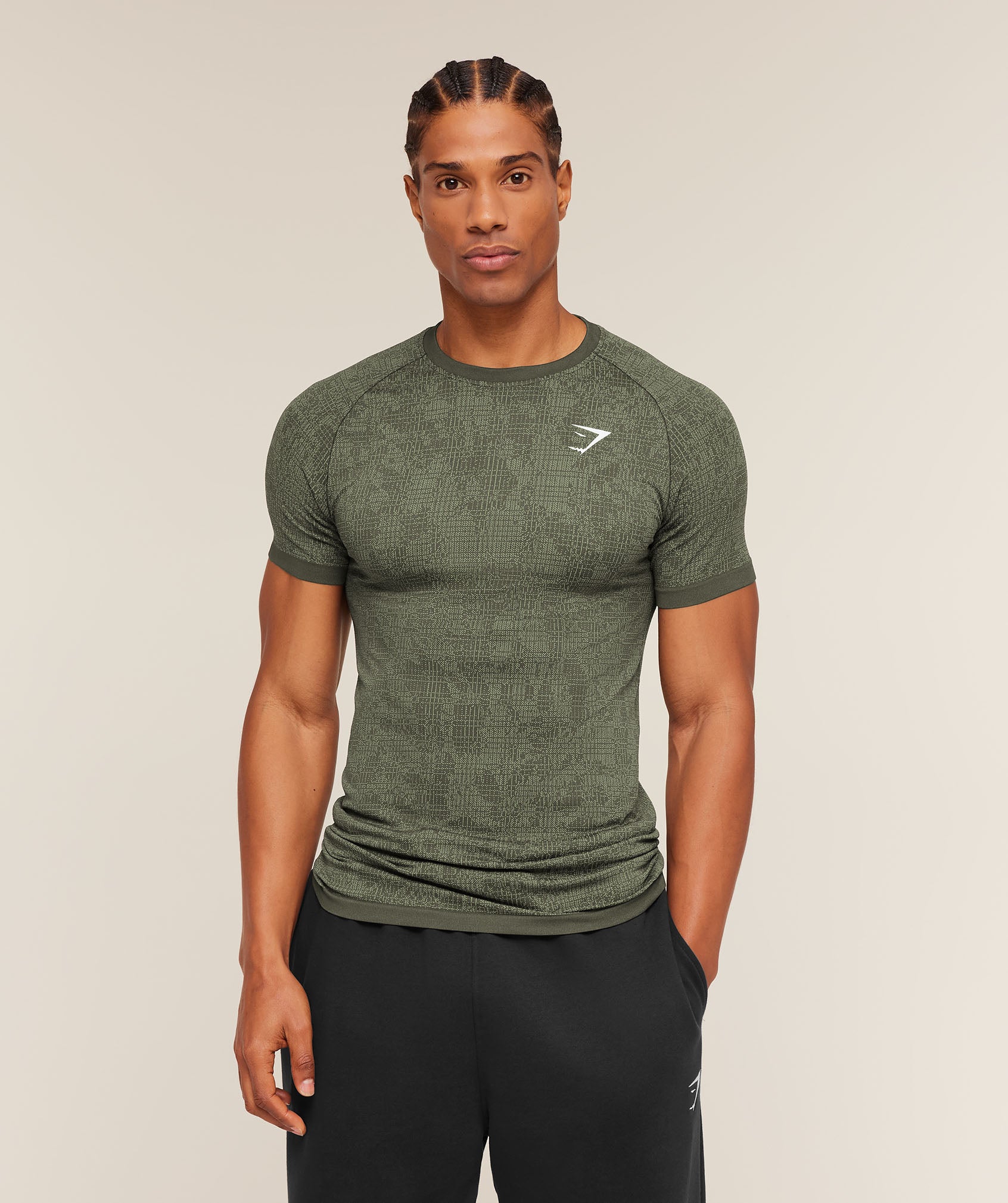 Talla M - Geo Seamless Grid T-Shirt - Strength Green/Haze Green