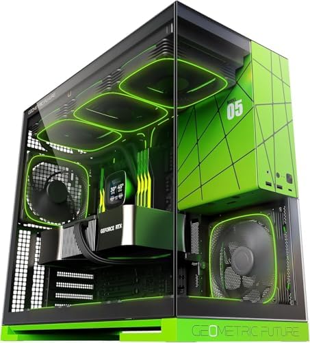 Geometric Future M5 Tempered Glass Mid Tower  E ATX/ATX Gaming Case  1 2mm Steel  Type C  Toolless Panels  Support 420/360 Radiator  ARGB PWM 140m Fan x 5 Pre Installed  Black/Green  GEO M5F BNY