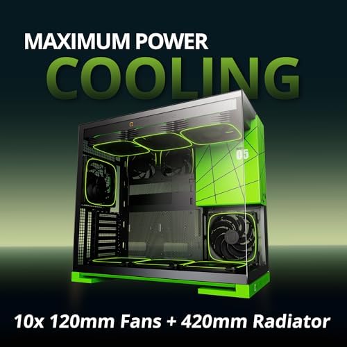 Geometric Future M5 Tempered Glass Mid Tower  E ATX/ATX Gaming Case  1 2mm Steel  Type C  Toolless Panels  Support 420/360 Radiator  ARGB PWM 140m Fan x 5 Pre Installed  Black/Green  GEO M5F BNY