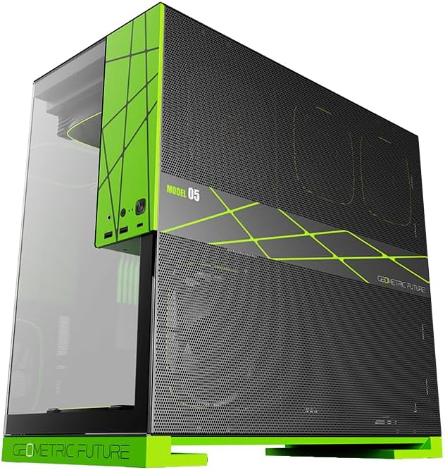Geometric Future M5 Tempered Glass Mid Tower  E ATX/ATX Gaming Case  1 2mm Steel  Type C  Toolless Panels  Support 420/360 Radiator  ARGB PWM 140m Fan x 5 Pre Installed  Black/Green  GEO M5F BNY