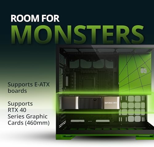 Geometric Future M5 Tempered Glass Mid Tower  E ATX/ATX Gaming Case  1 2mm Steel  Type C  Toolless Panels  Support 420/360 Radiator  ARGB PWM 140m Fan x 5 Pre Installed  Black/Green  GEO M5F BNY