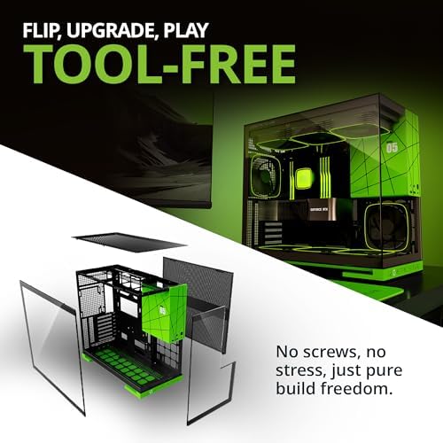 Geometric Future M5 Tempered Glass Mid Tower  E ATX/ATX Gaming Case  1 2mm Steel  Type C  Toolless Panels  Support 420/360 Radiator  ARGB PWM 140m Fan x 5 Pre Installed  Black/Green  GEO M5F BNY