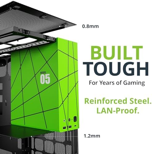 Geometric Future M5 Tempered Glass Mid Tower  E ATX/ATX Gaming Case  1 2mm Steel  Type C  Toolless Panels  Support 420/360 Radiator  ARGB PWM 140m Fan x 5 Pre Installed  Black/Green  GEO M5F BNY