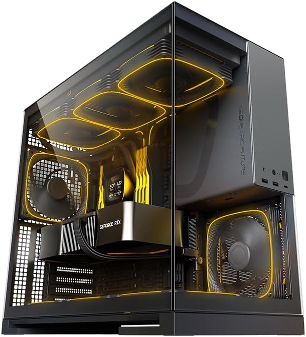 Geometric Future M5 Tempered Glass Mid Tower  E ATX/ATX Gaming Case  1 2mm Steel  Type C  Toolless Panels  Support 420/360 Radiator  ARGB PWM 140m Fan x 5 Pre Installed  Black/Green  GEO M5F BNY