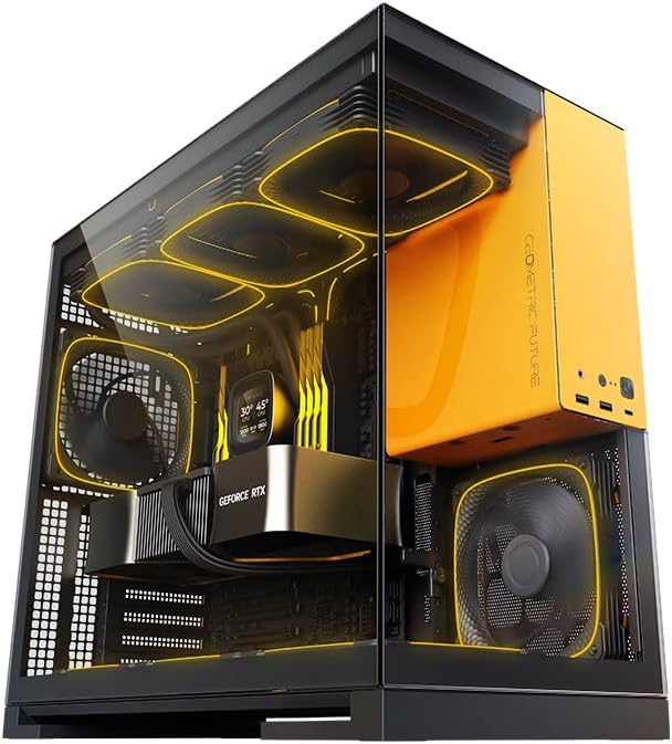 Geometric Future M5 Tempered Glass Mid Tower  E ATX/ATX Gaming Case  1 2mm Steel  Type C  Toolless Panels  Support 420/360 Radiator  ARGB PWM 140m Fan x 5 Pre Installed  Black/Green  GEO M5F BNY