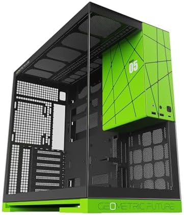 Geometric Future M5 Tempered Glass Mid Tower  E ATX/ATX Gaming Case  1 2mm Steel  Type C  Toolless Panels  Support 420/360 Radiator  ARGB PWM 140m Fan x 5 Pre Installed  Black/Green  GEO M5F BNY