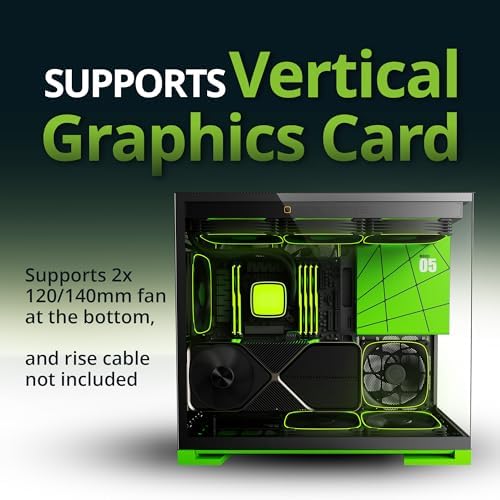 Geometric Future M5 Tempered Glass Mid Tower  E ATX/ATX Gaming Case  1 2mm Steel  Type C  Toolless Panels  Support 420/360 Radiator  ARGB PWM 140m Fan x 5 Pre Installed  Black/Green  GEO M5F BNY