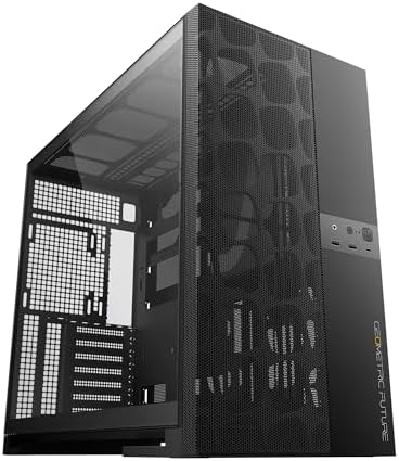 Geometric Future M5 Vent Mesh Panel Tempered Glass Mid Tower  E ATX/ATX Gaming Case  High Airflow  1 2mm Steel  Type C  Support 420/360 Radiator  ARGB PWM 140m fan x 5 Pre Installed  Black  GEO M5VF B