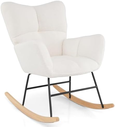 Giantex Rocking Chair Nursery  Teddy Upholstered Glider Rocker Chair w/High Backrest  Armrests & Rubber Wood Feet  Modern Sherpa Rocking Accent Chair for Living Room  Bedroom & Office  Beige