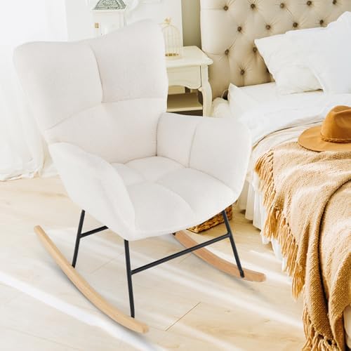 Giantex Rocking Chair Nursery  Teddy Upholstered Glider Rocker Chair w/High Backrest  Armrests & Rubber Wood Feet  Modern Sherpa Rocking Accent Chair for Living Room  Bedroom & Office  Beige