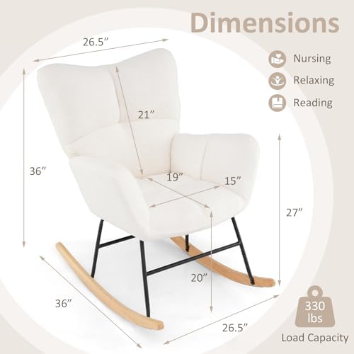 Giantex Rocking Chair Nursery  Teddy Upholstered Glider Rocker Chair w/High Backrest  Armrests & Rubber Wood Feet  Modern Sherpa Rocking Accent Chair for Living Room  Bedroom & Office  Beige