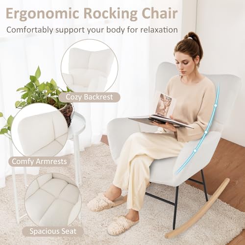 Giantex Rocking Chair Nursery  Teddy Upholstered Glider Rocker Chair w/High Backrest  Armrests & Rubber Wood Feet  Modern Sherpa Rocking Accent Chair for Living Room  Bedroom & Office  Beige