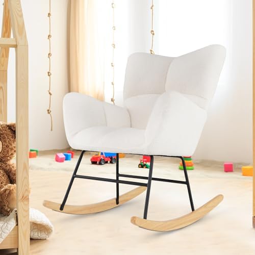 Giantex Rocking Chair Nursery  Teddy Upholstered Glider Rocker Chair w/High Backrest  Armrests & Rubber Wood Feet  Modern Sherpa Rocking Accent Chair for Living Room  Bedroom & Office  Beige