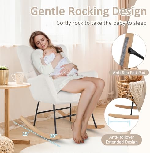 Giantex Rocking Chair Nursery  Teddy Upholstered Glider Rocker Chair w/High Backrest  Armrests & Rubber Wood Feet  Modern Sherpa Rocking Accent Chair for Living Room  Bedroom & Office  Beige
