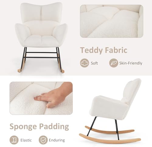 Giantex Rocking Chair Nursery  Teddy Upholstered Glider Rocker Chair w/High Backrest  Armrests & Rubber Wood Feet  Modern Sherpa Rocking Accent Chair for Living Room  Bedroom & Office  Beige