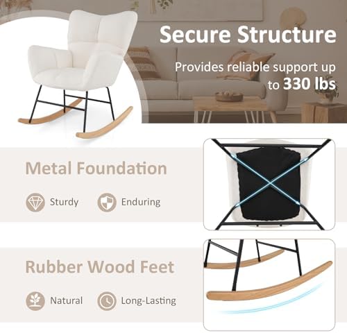 Giantex Rocking Chair Nursery  Teddy Upholstered Glider Rocker Chair w/High Backrest  Armrests & Rubber Wood Feet  Modern Sherpa Rocking Accent Chair for Living Room  Bedroom & Office  Beige