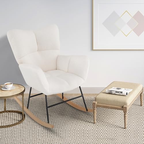 Giantex Rocking Chair Nursery  Teddy Upholstered Glider Rocker Chair w/High Backrest  Armrests & Rubber Wood Feet  Modern Sherpa Rocking Accent Chair for Living Room  Bedroom & Office  Beige