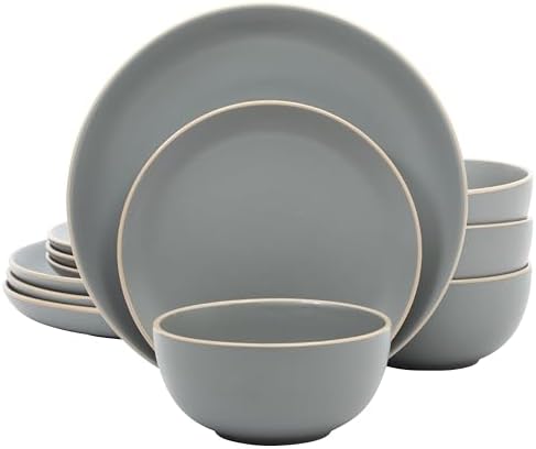 Gibson Home Rockaway 12 Piece Stoneware Dinnerware Set  Matte Finish  Service for 4  Modern Ceramic Plates and Bowls  Microwave & Dishwasher Safe   Soft Gray   Service for 4