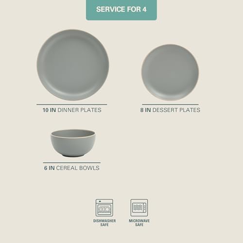 Gibson Home Rockaway 12 Piece Stoneware Dinnerware Set  Matte Finish  Service for 4  Modern Ceramic Plates and Bowls  Microwave & Dishwasher Safe   Soft Gray   Service for 4