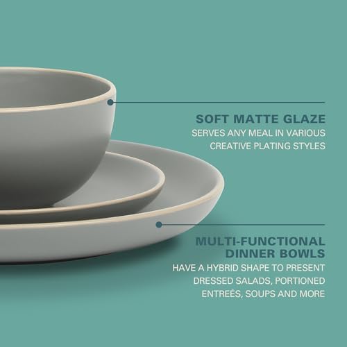 Gibson Home Rockaway 12 Piece Stoneware Dinnerware Set  Matte Finish  Service for 4  Modern Ceramic Plates and Bowls  Microwave & Dishwasher Safe   Soft Gray   Service for 4