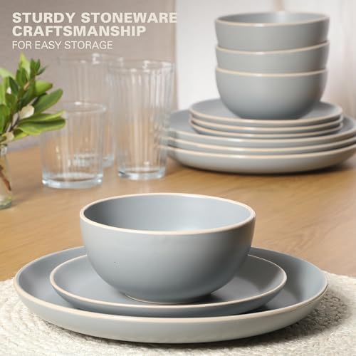 Gibson Home Rockaway 12 Piece Stoneware Dinnerware Set  Matte Finish  Service for 4  Modern Ceramic Plates and Bowls  Microwave & Dishwasher Safe   Soft Gray   Service for 4