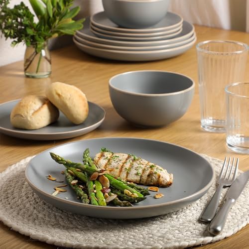 Gibson Home Rockaway 12 Piece Stoneware Dinnerware Set  Matte Finish  Service for 4  Modern Ceramic Plates and Bowls  Microwave & Dishwasher Safe   Soft Gray   Service for 4