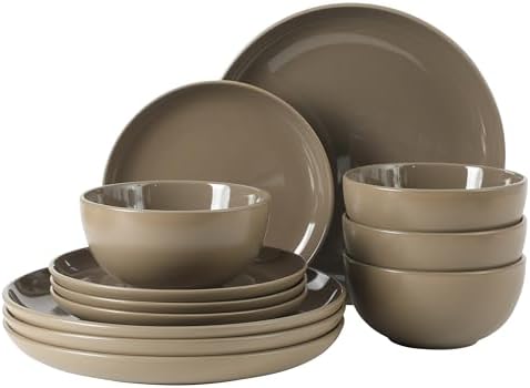 Gibson Home Rockaway 12 Piece Stoneware Dinnerware Set  Matte Finish  Service for 4  Modern Ceramic Plates and Bowls  Microwave & Dishwasher Safe   Soft Gray   Service for 4