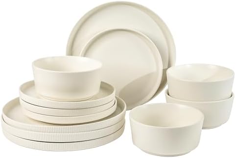Gibson Home Rockaway 12 Piece Stoneware Dinnerware Set  Matte Finish  Service for 4  Modern Ceramic Plates and Bowls  Microwave & Dishwasher Safe   Soft Gray   Service for 4