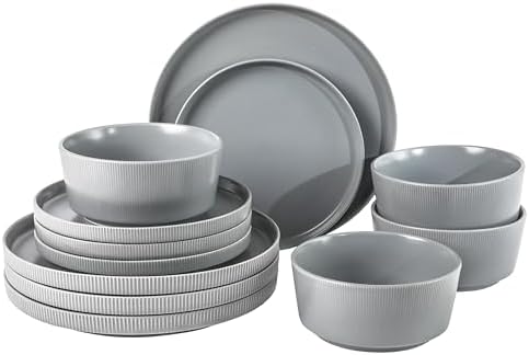 Gibson Home Rockaway 12 Piece Stoneware Dinnerware Set  Matte Finish  Service for 4  Modern Ceramic Plates and Bowls  Microwave & Dishwasher Safe   Soft Gray   Service for 4