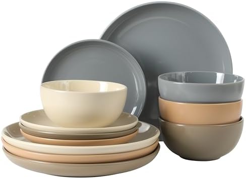 Gibson Home Rockaway 12 Piece Stoneware Dinnerware Set  Matte Finish  Service for 4  Modern Ceramic Plates and Bowls  Microwave & Dishwasher Safe   Soft Gray   Service for 4