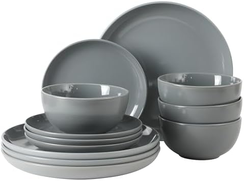 Gibson Home Rockaway 12 Piece Stoneware Dinnerware Set  Matte Finish  Service for 4  Modern Ceramic Plates and Bowls  Microwave & Dishwasher Safe   Soft Gray   Service for 4