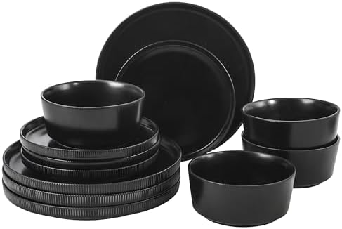 Gibson Home Rockaway 12 Piece Stoneware Dinnerware Set  Matte Finish  Service for 4  Modern Ceramic Plates and Bowls  Microwave & Dishwasher Safe   Soft Gray   Service for 4