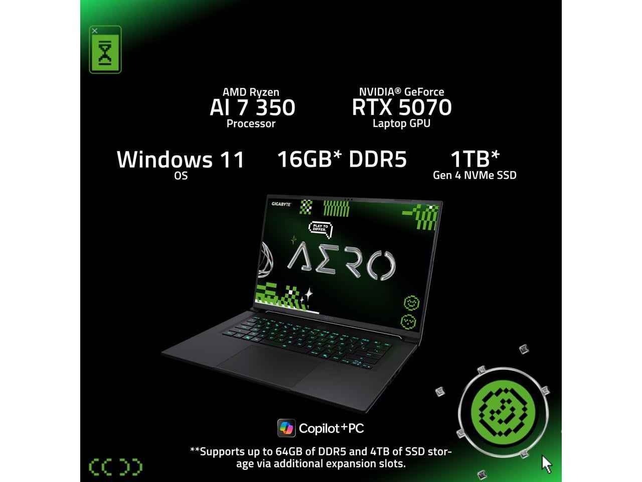 Gigabyte Technology AEROX161WH93USC94DH AERO X16 Gaming Laptop 16" Ryzen 7 AI 350 RTX 5070