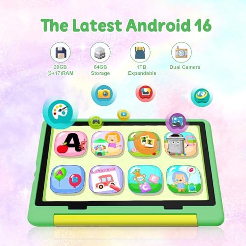Gleeso Kids Tablet Android 16 Tablet with HD Display 10 1 inch Parental Control & Kids Mode  GMS Certified 20GB RAM 64GB ROM 1TB Expandable  5000mAh Battery  Dual Camera  Protective Case Green